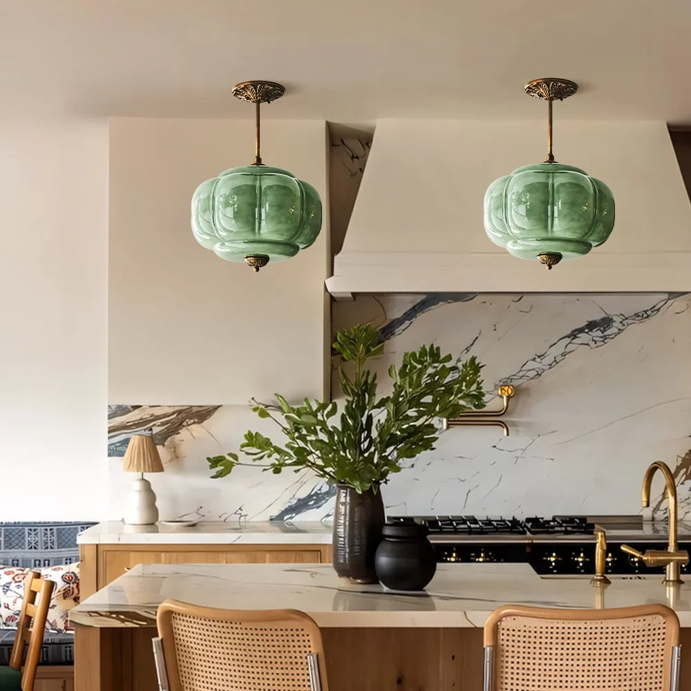 Juniper | Pumpkin Glass Pendant Light, Antique Brass Semi Flush Ceiling Light, Ribbed Colored Glass