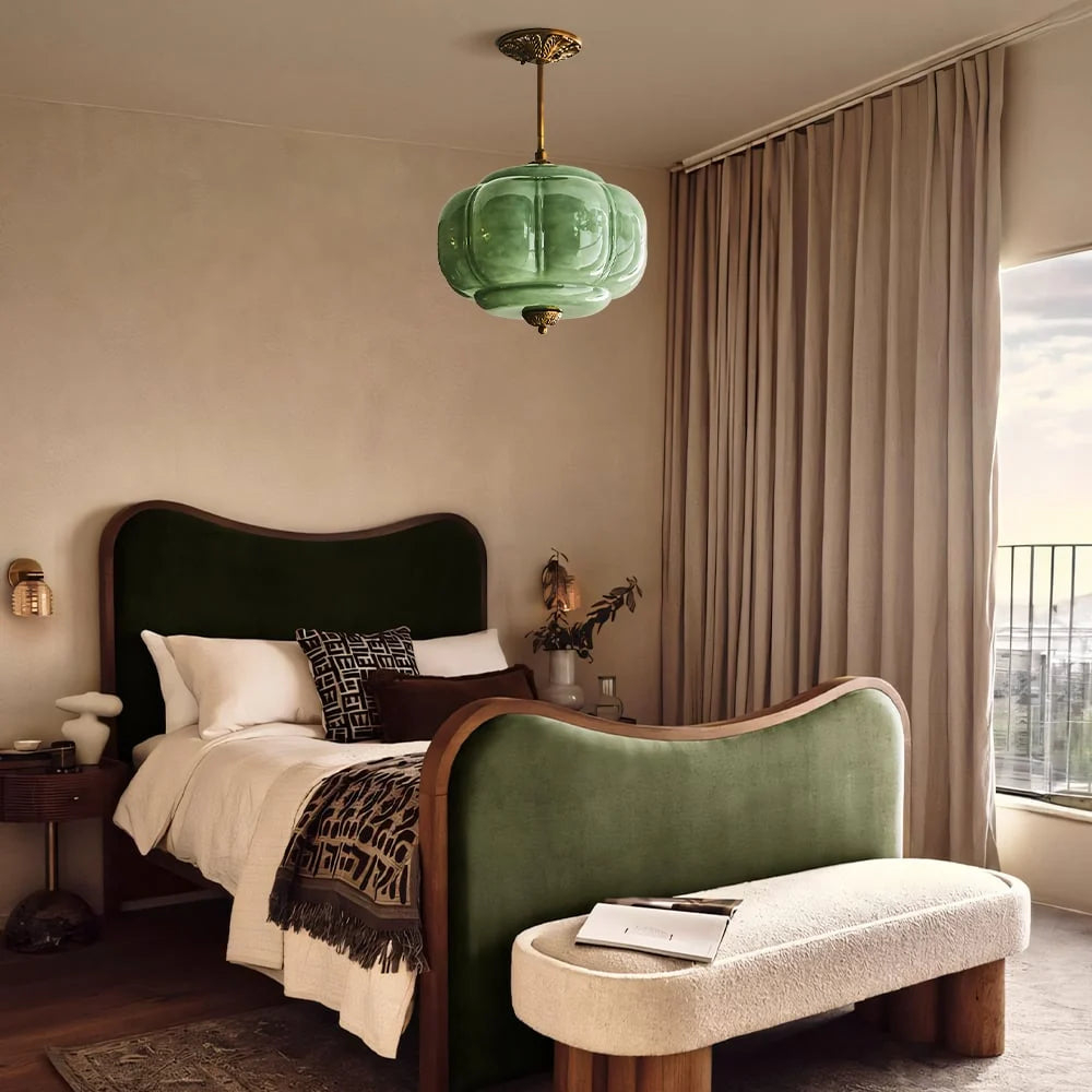 Juniper | Pumpkin Glass Pendant Light, Antique Brass Semi Flush Ceiling Light, Ribbed Colored Glass
