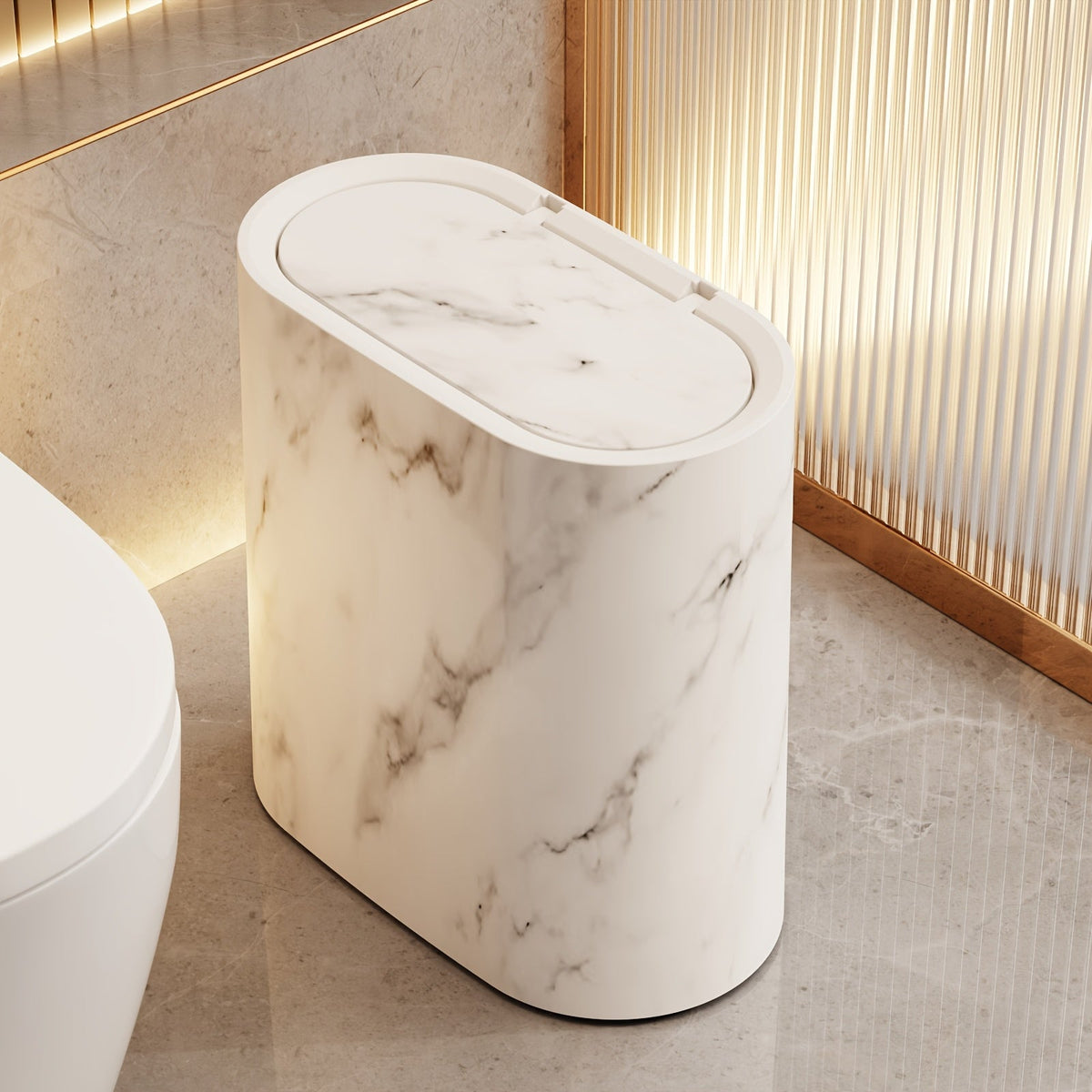 Vena | Marble Trash Can with Lid, Slim Oval Bathroom Wastebasket, Modern Kitchen and Office Bin