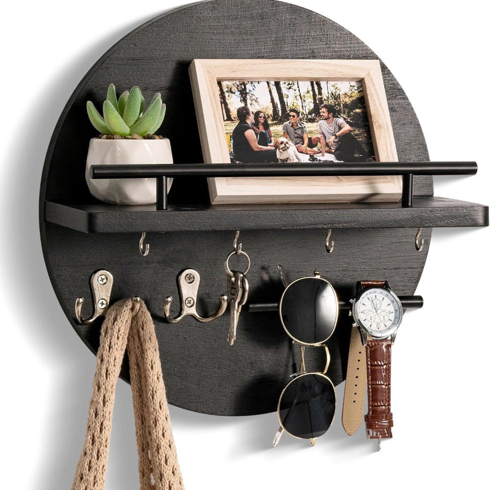 Hoop | Round Key Holder for Wall with Shelf, Wooden Entryway Organizer with Hooks, Modern Key Rack