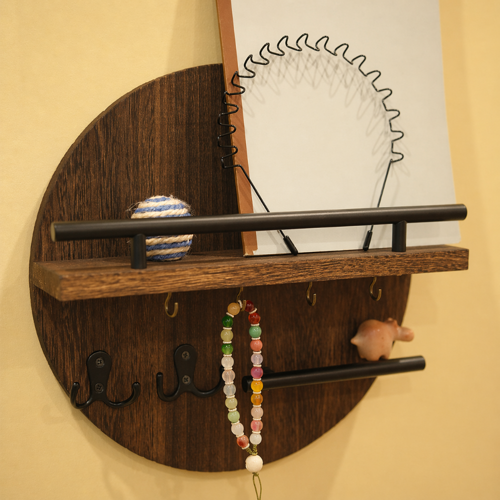 Hoop | Round Key Holder for Wall with Shelf, Wooden Entryway Organizer with Hooks, Modern Key Rack