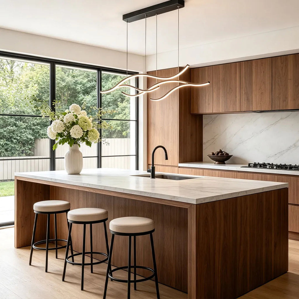 Ripple | Wavy LED Pendant Light, Modern Linear Chandelier for Kitchen Island, Dimmable Hanging Light Fixture
