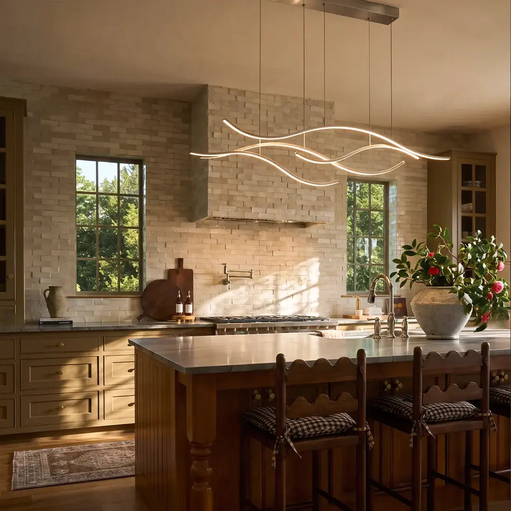 Ripple | Wavy LED Pendant Light, Modern Linear Chandelier for Kitchen Island, Dimmable Hanging Light Fixture