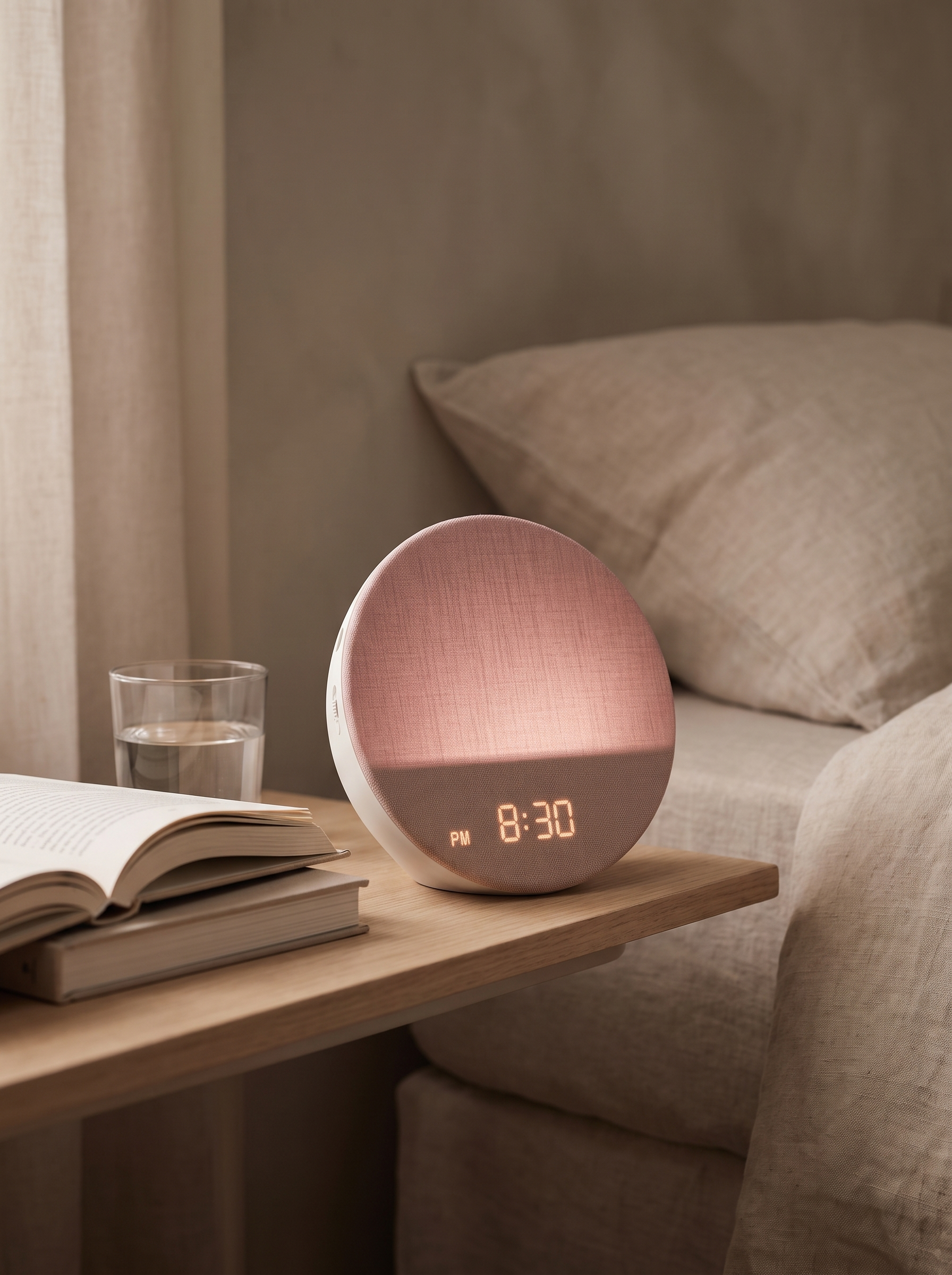 Dawn Sunrise Alarm Clock with a soft rose night light beside a book