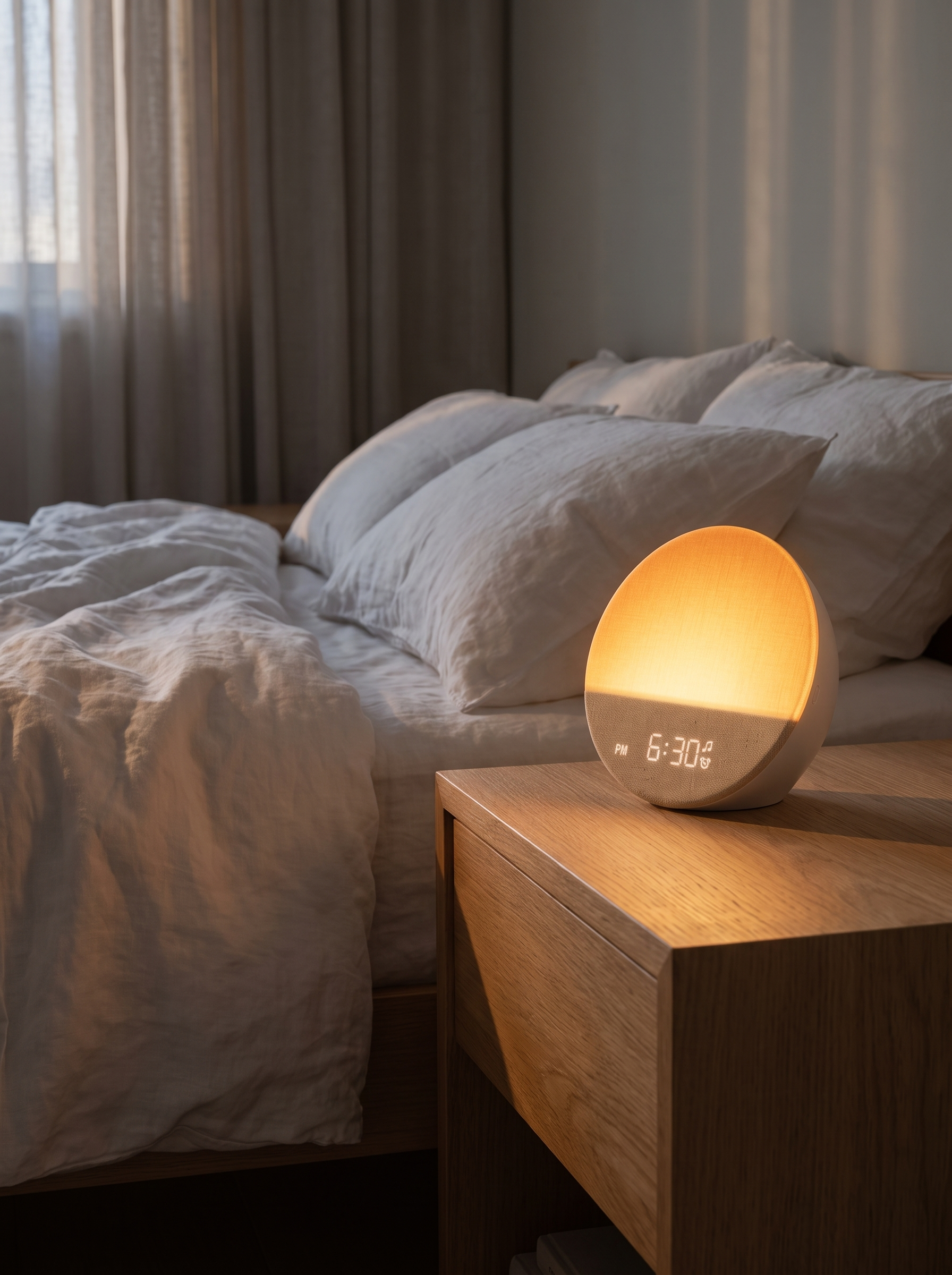 Dawn Sunrise Alarm Clock glowing amber on a bedside table at dawn