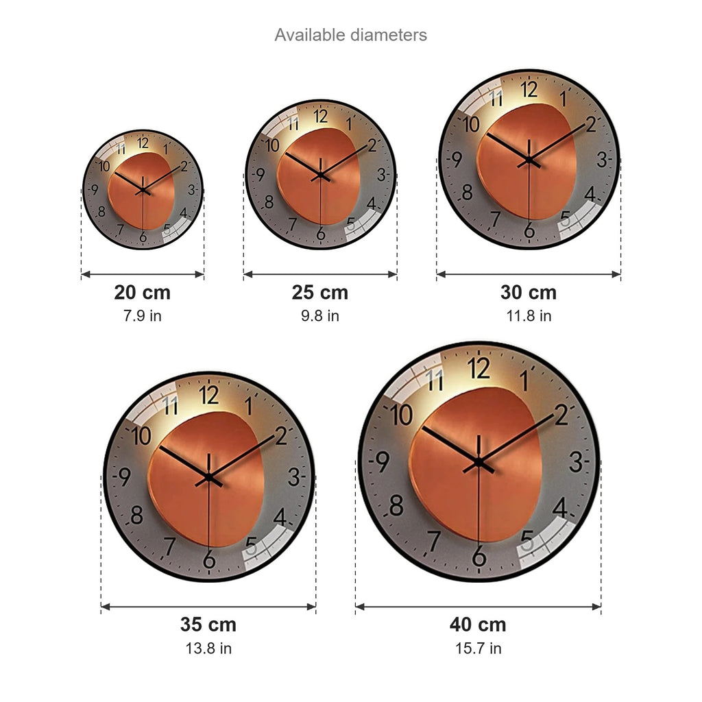 Eclipse wall clock sizes: 20, 25, 30, 35 and 40 cm (7.9 to 15.7 in) diameter
