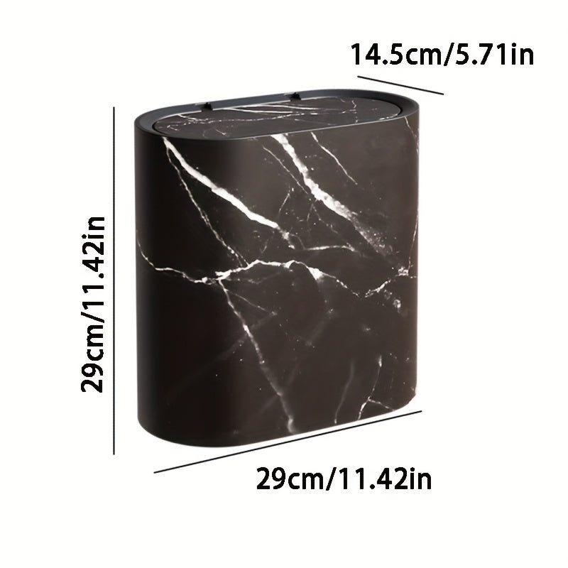 Vena | Marble Trash Can with Lid, Slim Oval Bathroom Wastebasket, Modern Kitchen and Office Bin