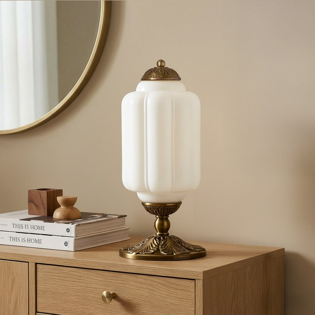 Lumi | Ribbed Glass Table Lamp, French Vintage Bedside Lamp with Brass Base, Milk Glass Desk Lamp