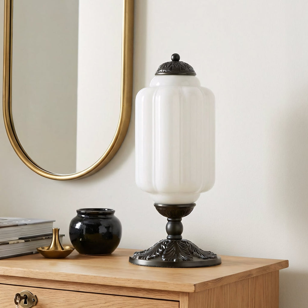 Lumi | Ribbed Glass Table Lamp, French Vintage Bedside Lamp with Brass Base, Milk Glass Desk Lamp