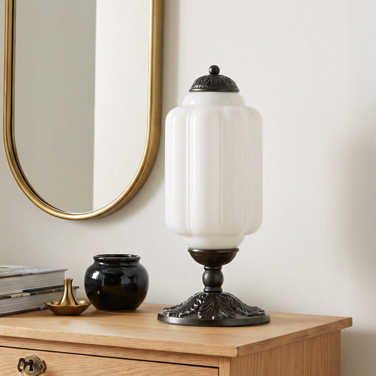 Lumi | Ribbed Glass Table Lamp, French Vintage Bedside Lamp with Brass Base, Milk Glass Desk Lamp