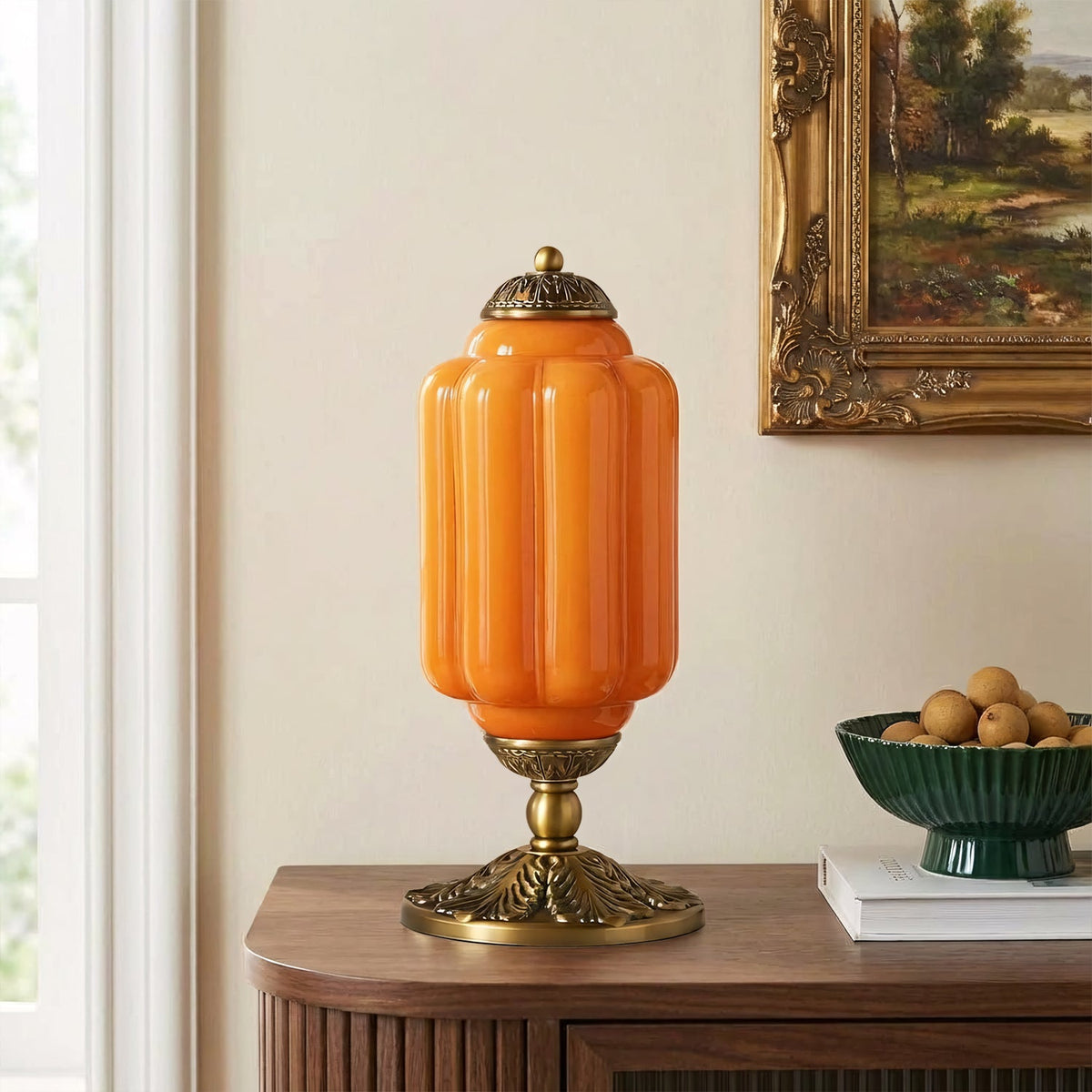 Lumi | Ribbed Glass Table Lamp, French Vintage Bedside Lamp with Brass Base, Milk Glass Desk Lamp