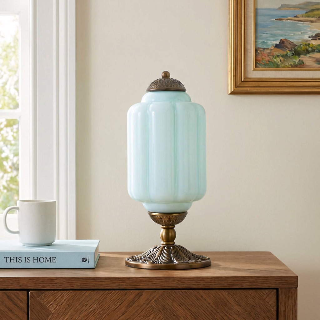 Lumi | Ribbed Glass Table Lamp, French Vintage Bedside Lamp with Brass Base, Milk Glass Desk Lamp