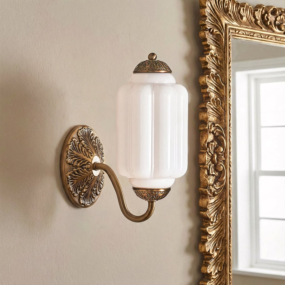 Opaline | Milk Glass Wall Sconce, Vintage Brass Bathroom Vanity Light, Ribbed Glass Bedroom Wall Light