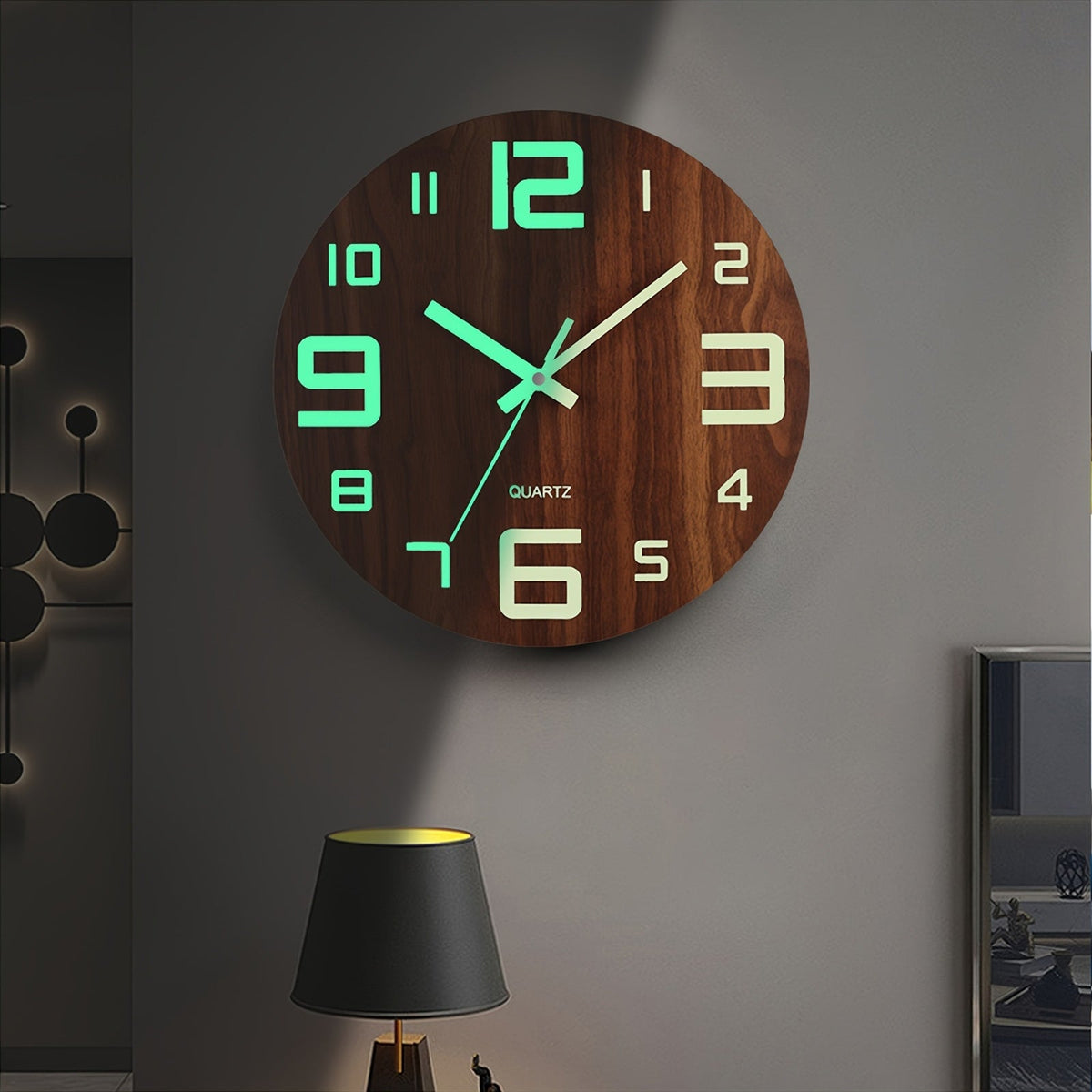 Nocturne | Glow in the Dark Wall Clock, Silent Walnut Wood Look Clock, Luminous Bedroom Clock