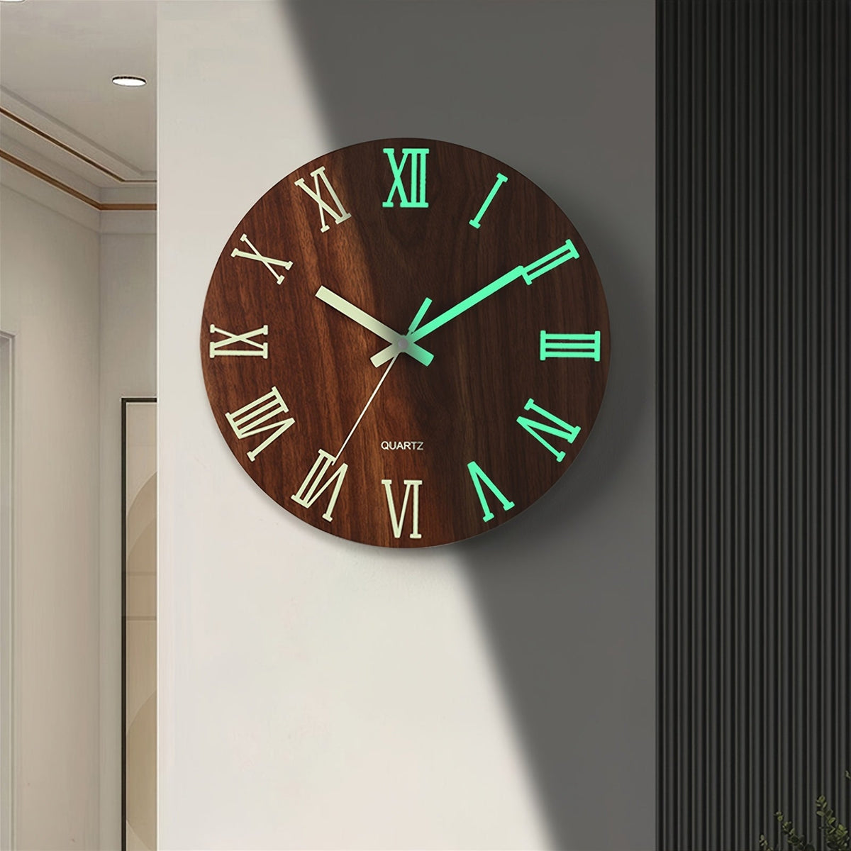 Nocturne | Glow in the Dark Wall Clock, Silent Walnut Wood Look Clock, Luminous Bedroom Clock