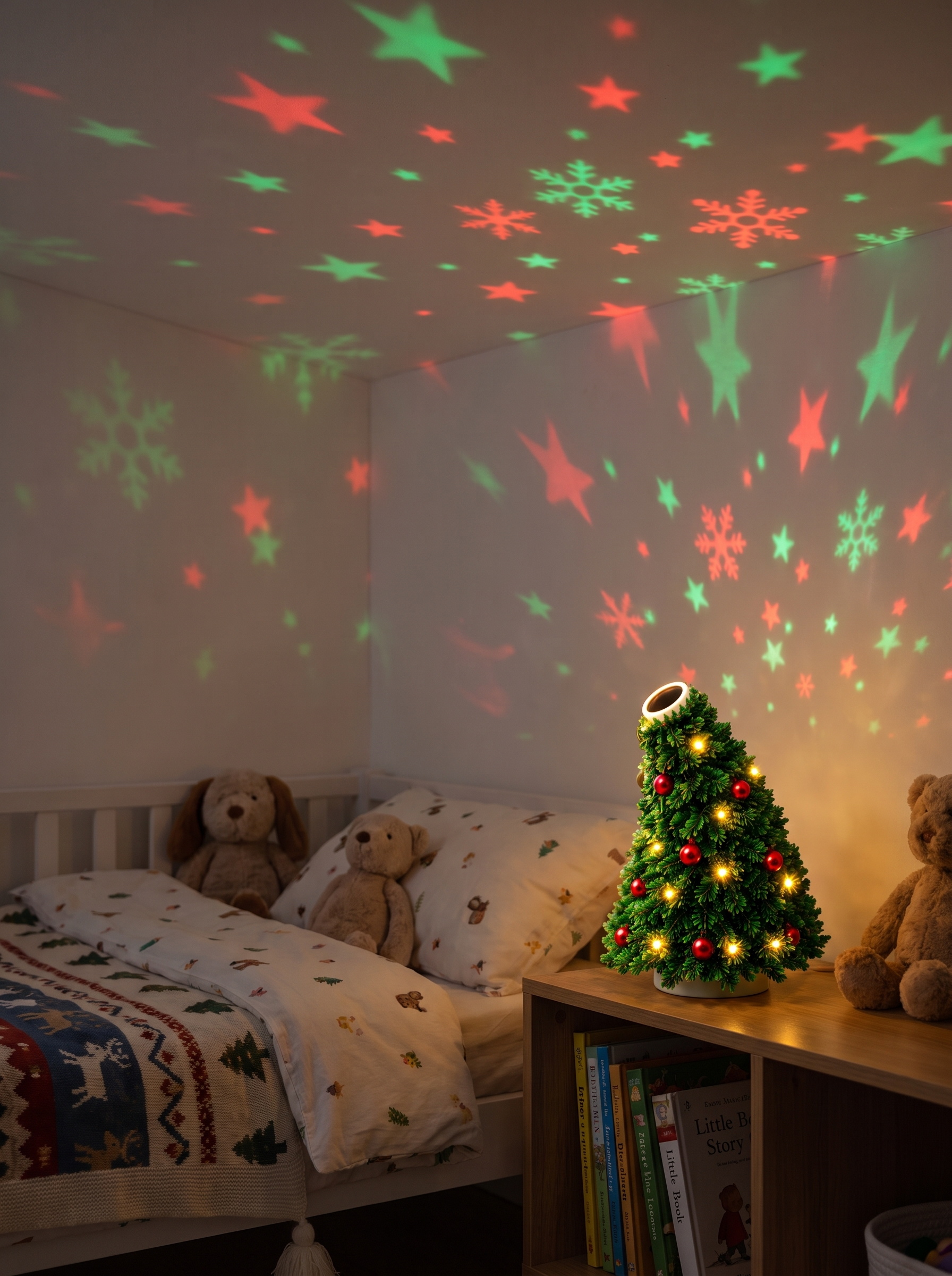 Festive star patterns on a child's bedroom ceiling from the Fir Mini Christmas Tree Projector Light