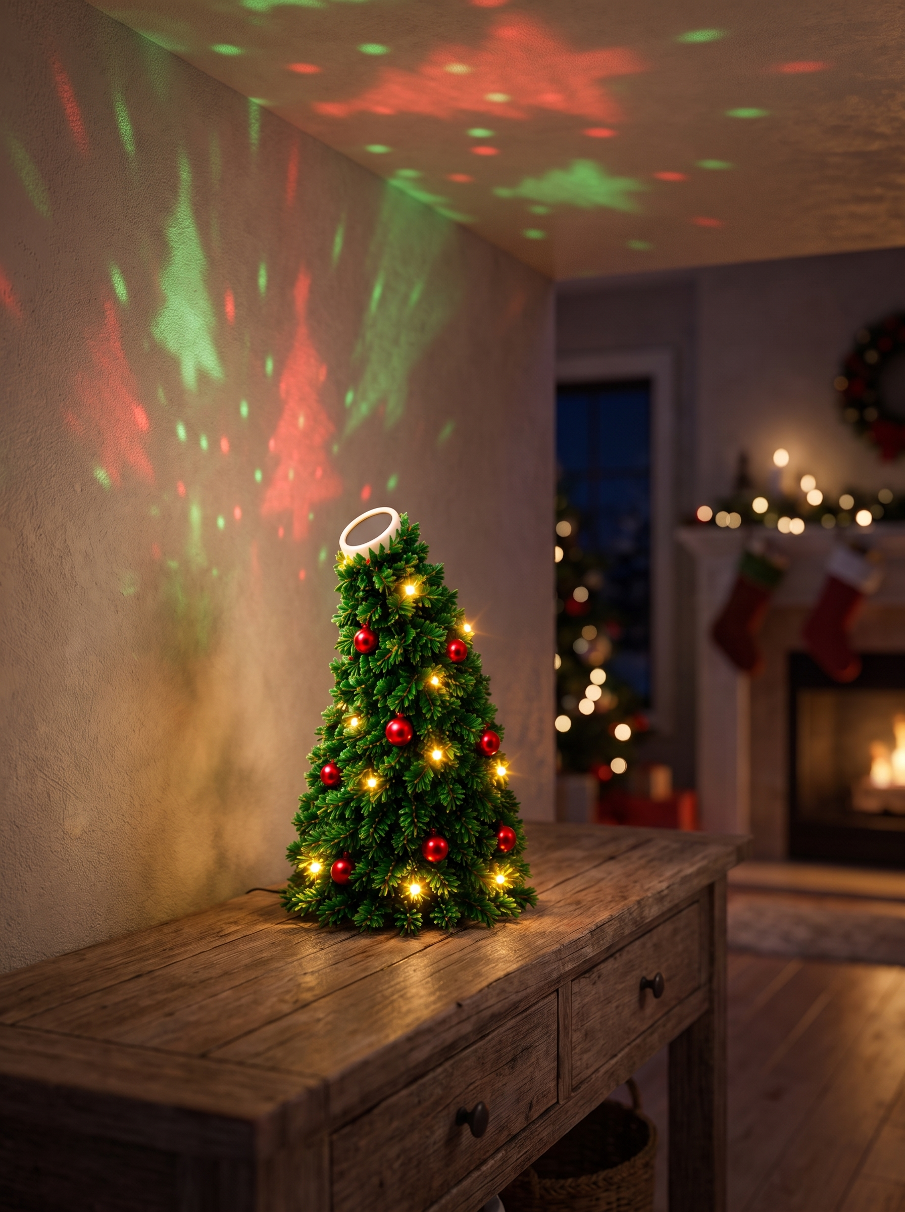 Fir Mini Christmas Tree Projector Light on a wooden console casting festive patterns