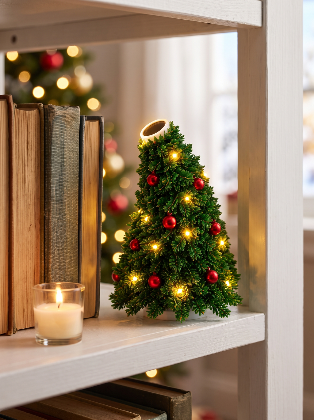 Fir Mini Christmas Tree Projector Light glowing on a white shelf beside books