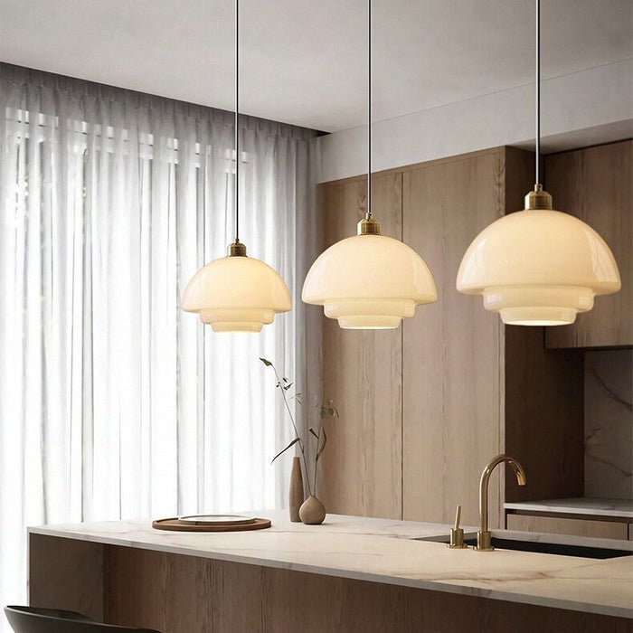 Alba | Milk Glass Pendant Light, Tiered White Glass Hanging Lamp with Brass, Mid Century Dining Light