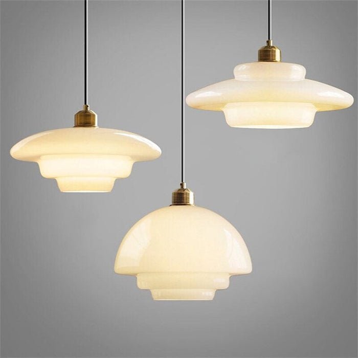 Alba | Milk Glass Pendant Light, Tiered White Glass Hanging Lamp with Brass, Mid Century Dining Light
