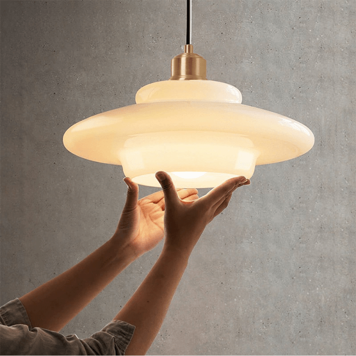 Alba | Milk Glass Pendant Light, Tiered White Glass Hanging Lamp with Brass, Mid Century Dining Light