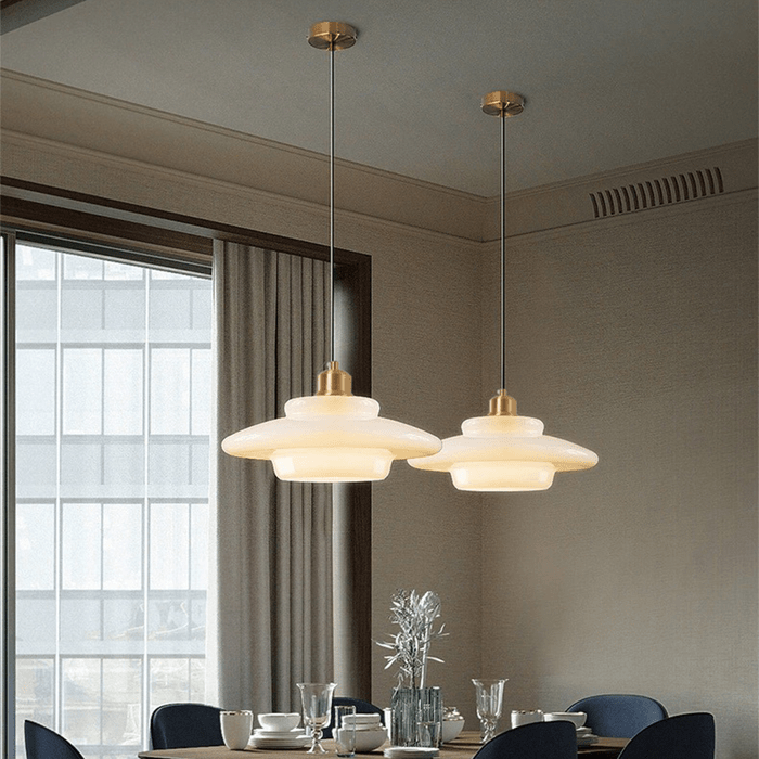 Alba | Milk Glass Pendant Light, Tiered White Glass Hanging Lamp with Brass, Mid Century Dining Light