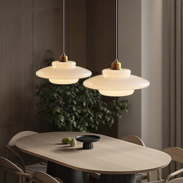 Alba | Milk Glass Pendant Light, Tiered White Glass Hanging Lamp with Brass, Mid Century Dining Light