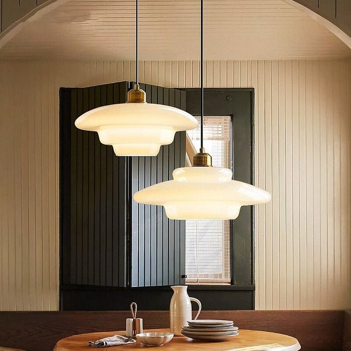 Alba | Milk Glass Pendant Light, Tiered White Glass Hanging Lamp with Brass, Mid Century Dining Light