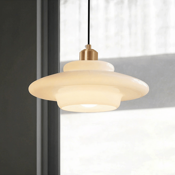 Alba | Milk Glass Pendant Light, Tiered White Glass Hanging Lamp with Brass, Mid Century Dining Light