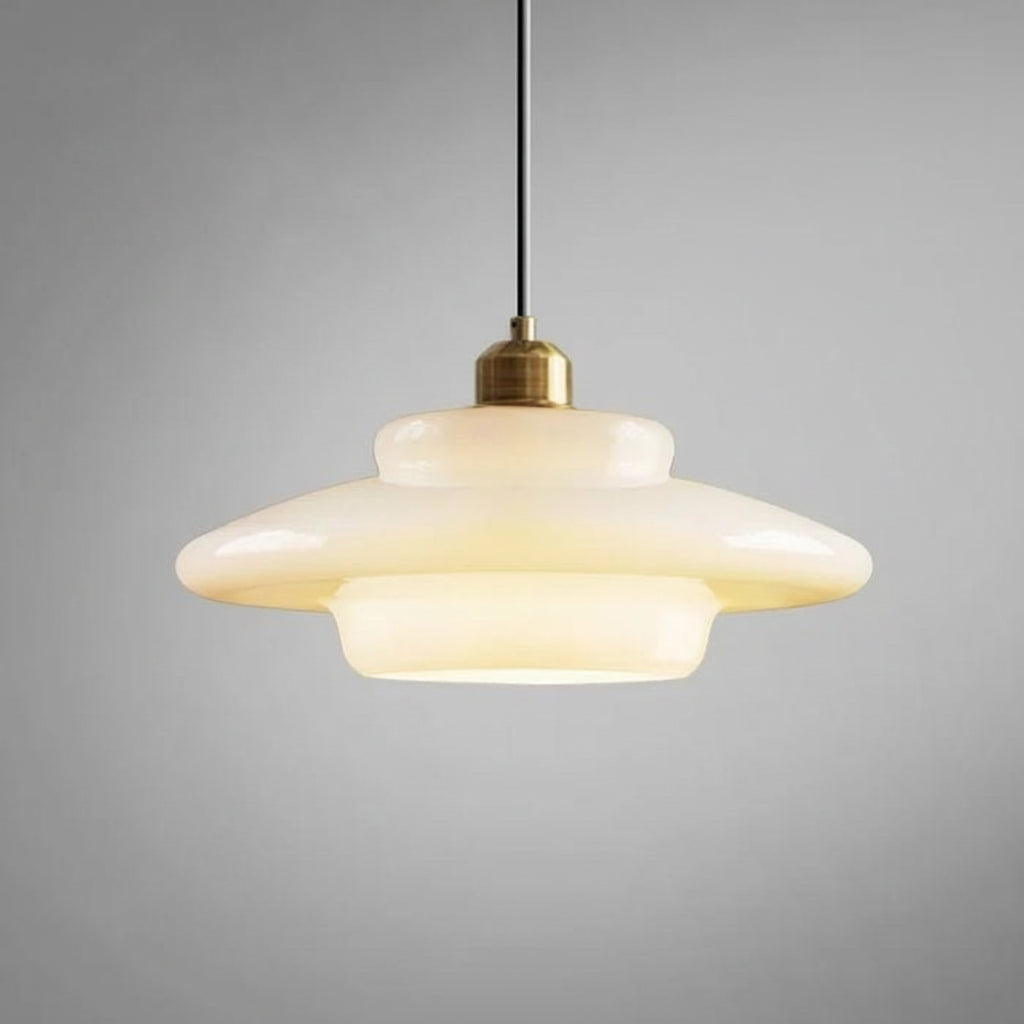 Alba | Milk Glass Pendant Light, Tiered White Glass Hanging Lamp with Brass, Mid Century Dining Light