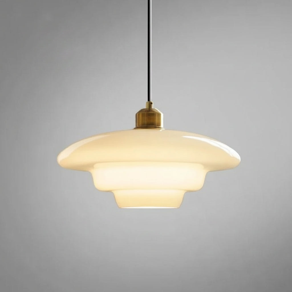 Alba | Milk Glass Pendant Light, Tiered White Glass Hanging Lamp with Brass, Mid Century Dining Light
