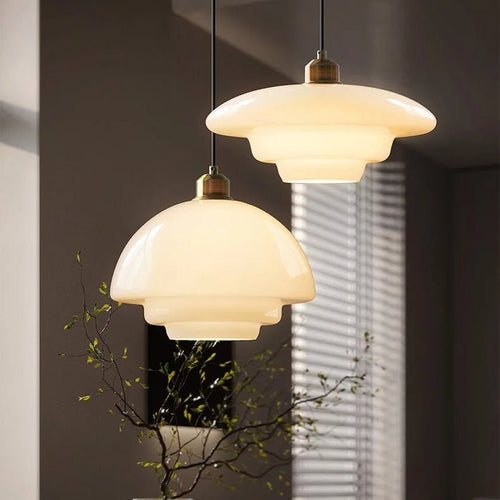 Alba | Milk Glass Pendant Light, Tiered White Glass Hanging Lamp with Brass, Mid Century Dining Light