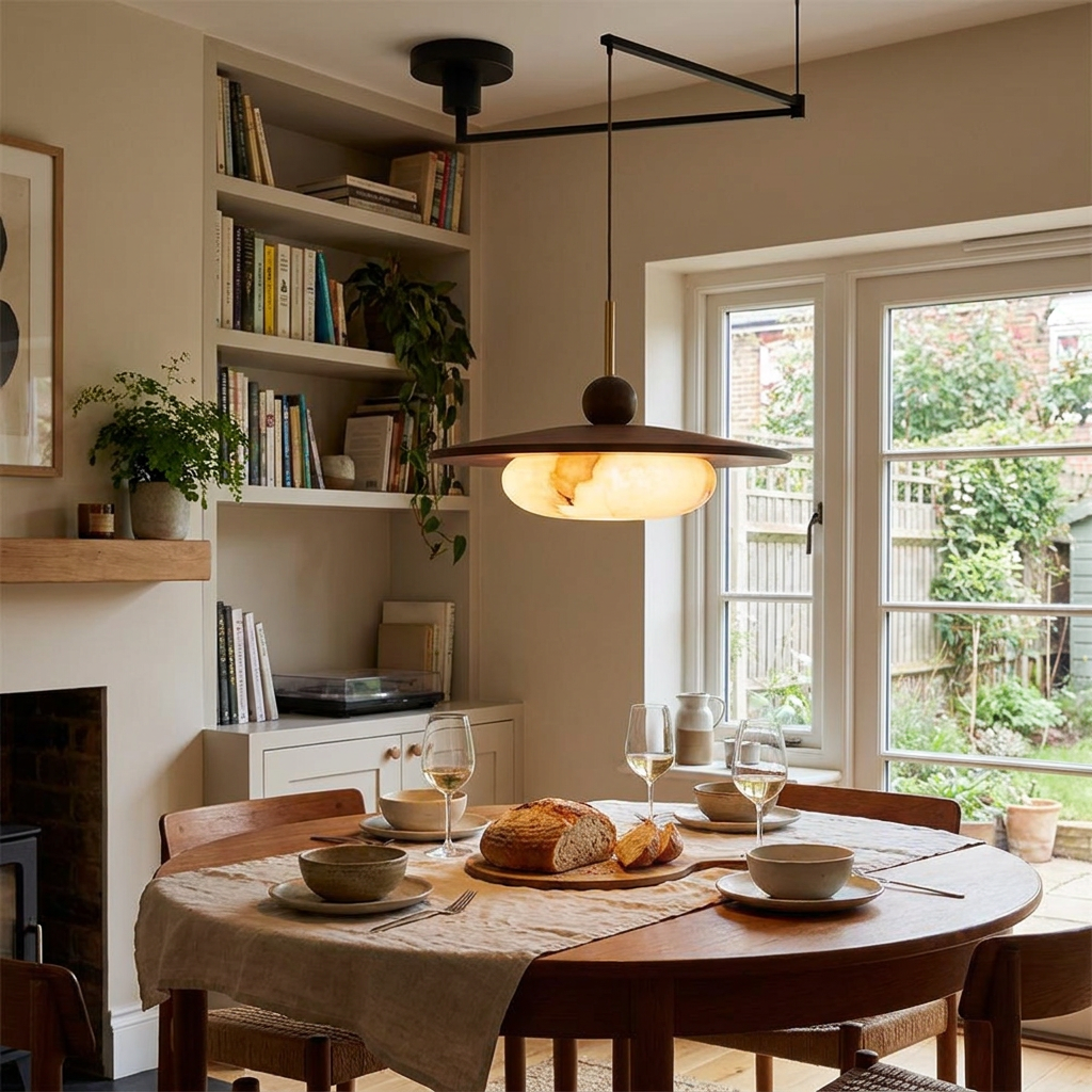 Swing Arm | Walnut Pendant Light, Mid Century Dimmable LED Hanging Lamp, Offset Dining Table Light