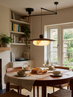 Swing Arm | Walnut Pendant Light, Mid Century Dimmable LED Hanging Lamp, Offset Dining Table Light