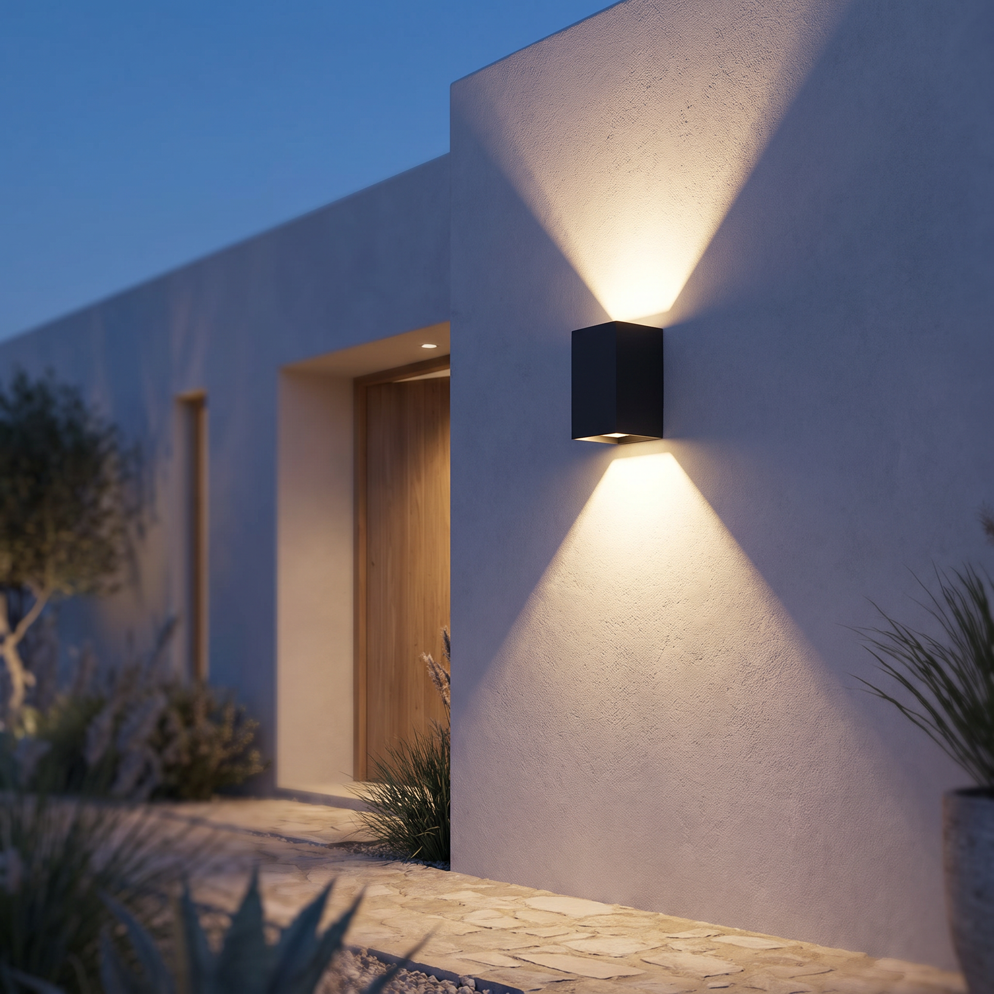 Beacon wall light mounted beside a doorway at dusk, casting light up and down the wall