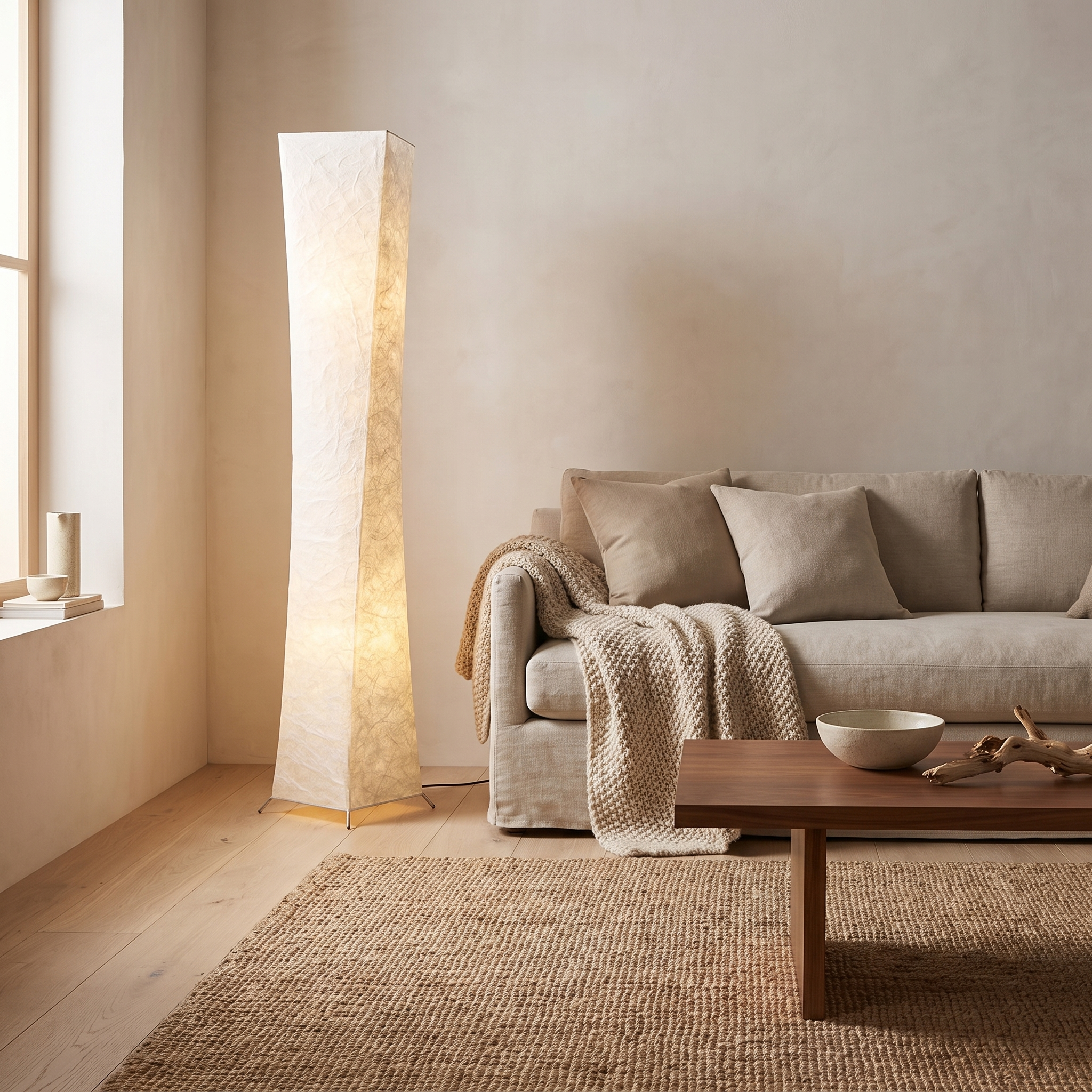 Vesper floor lamp lit beside a linen sofa in a coastal minimalist living room