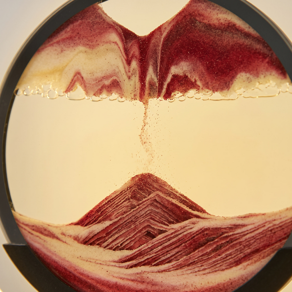 Close up of the sand settling into layered ridges behind the glass of the Dune lamp