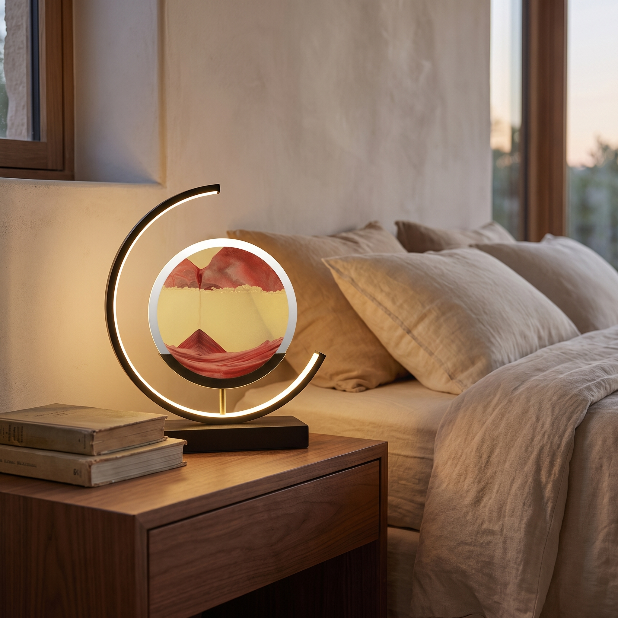 Dune sand lamp lit on a walnut bedside table at dusk