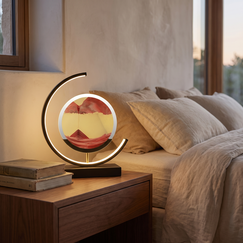 Dune sand lamp lit on a walnut bedside table at dusk