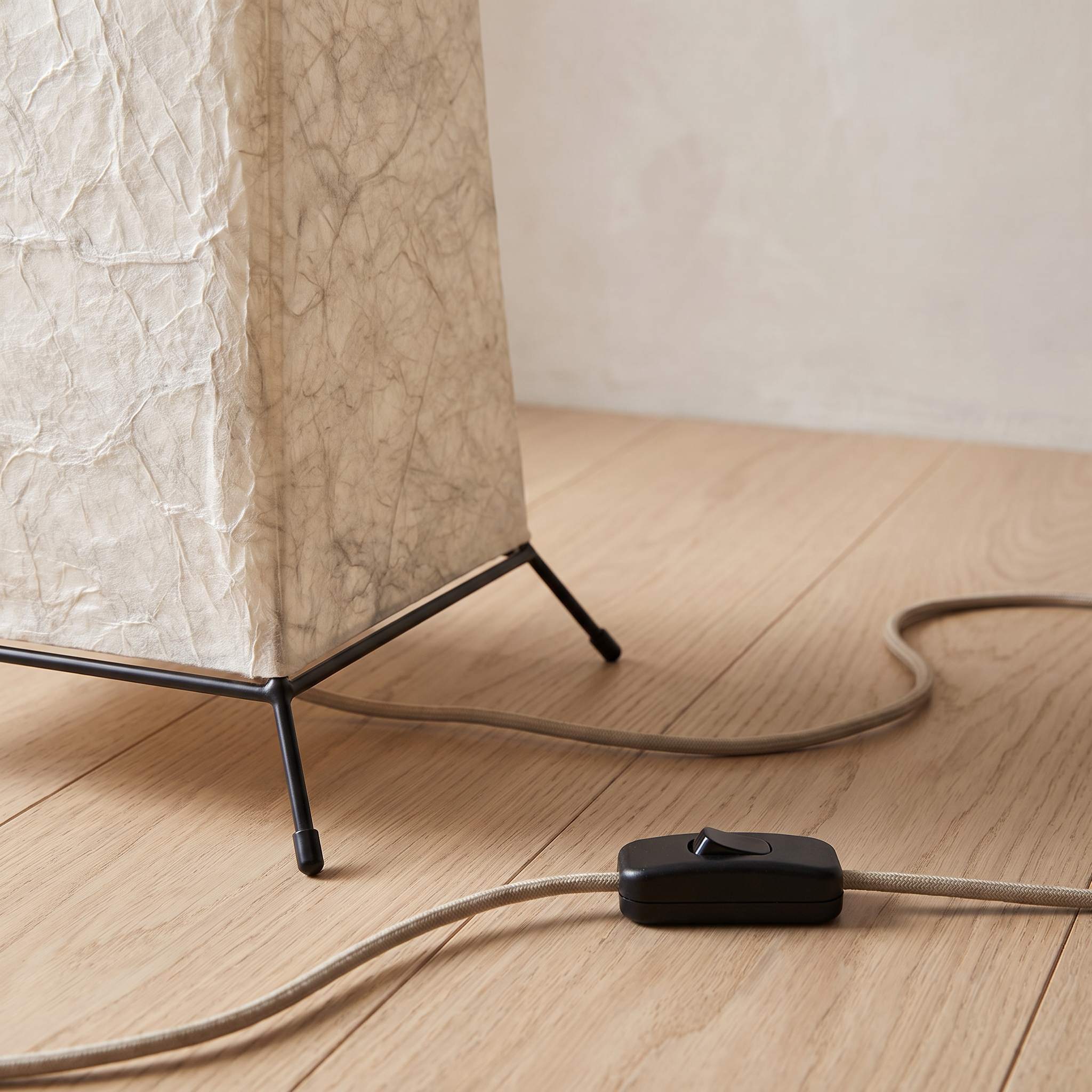 Base and inline cord switch of the Vesper floor lamp on a white oak floor