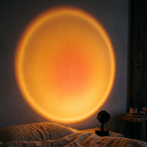 Warm amber sunset disc projected across a bedroom wall by the Ember lamp at night