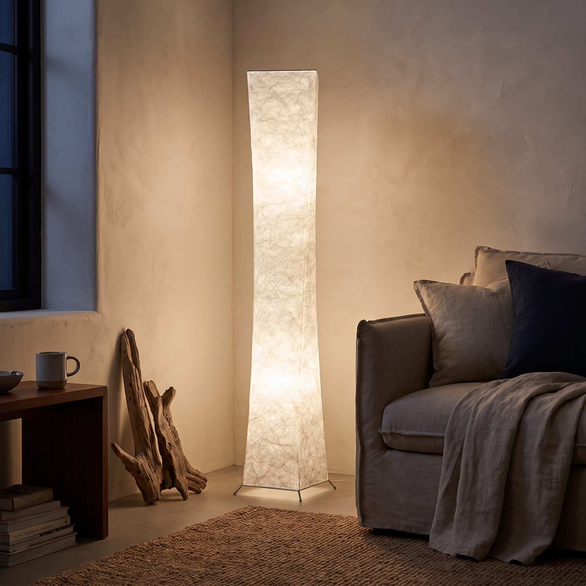 Vesper floor lamp lit in a darkened living room corner at night