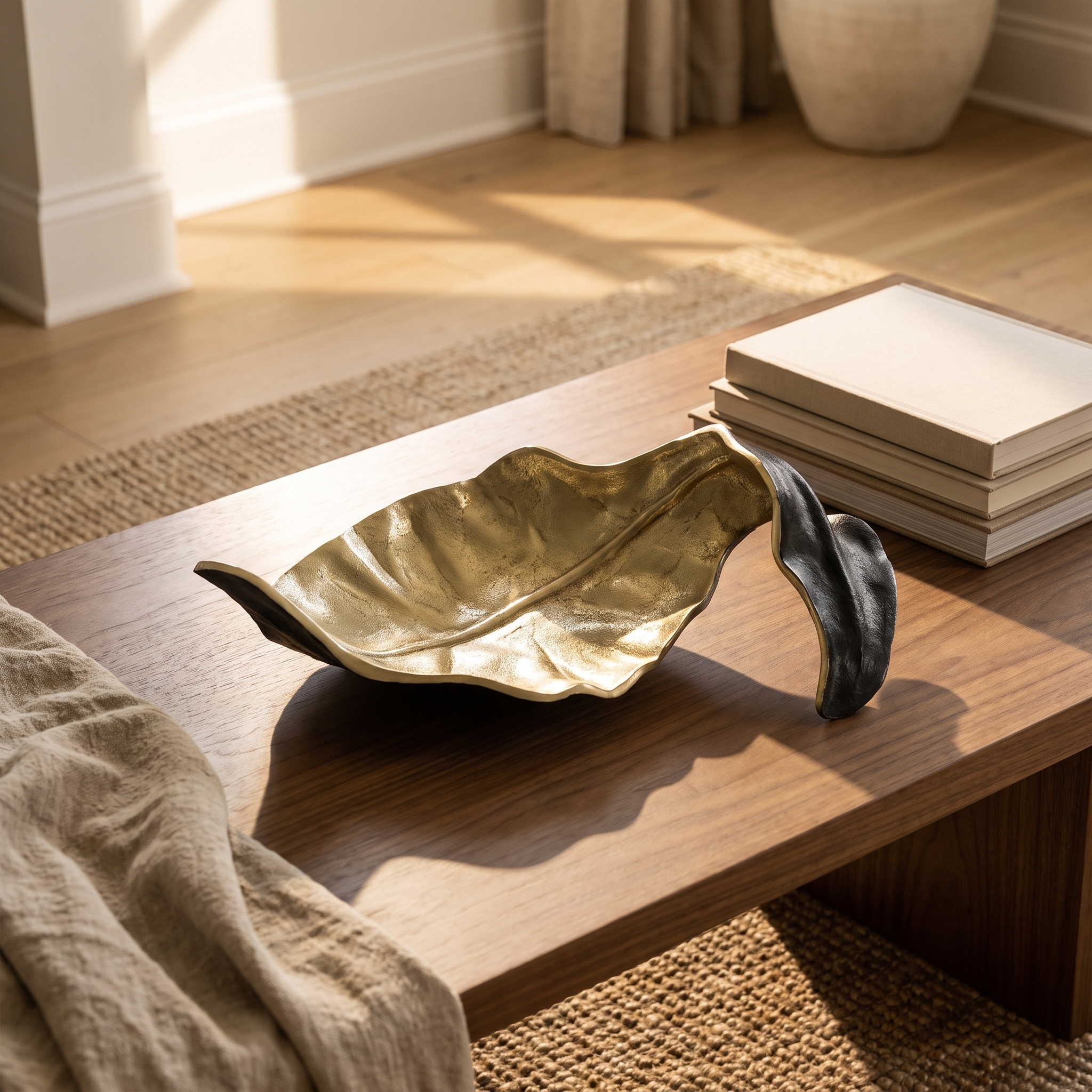 Fern leaf tray on a walnut coffee table in low golden hour light