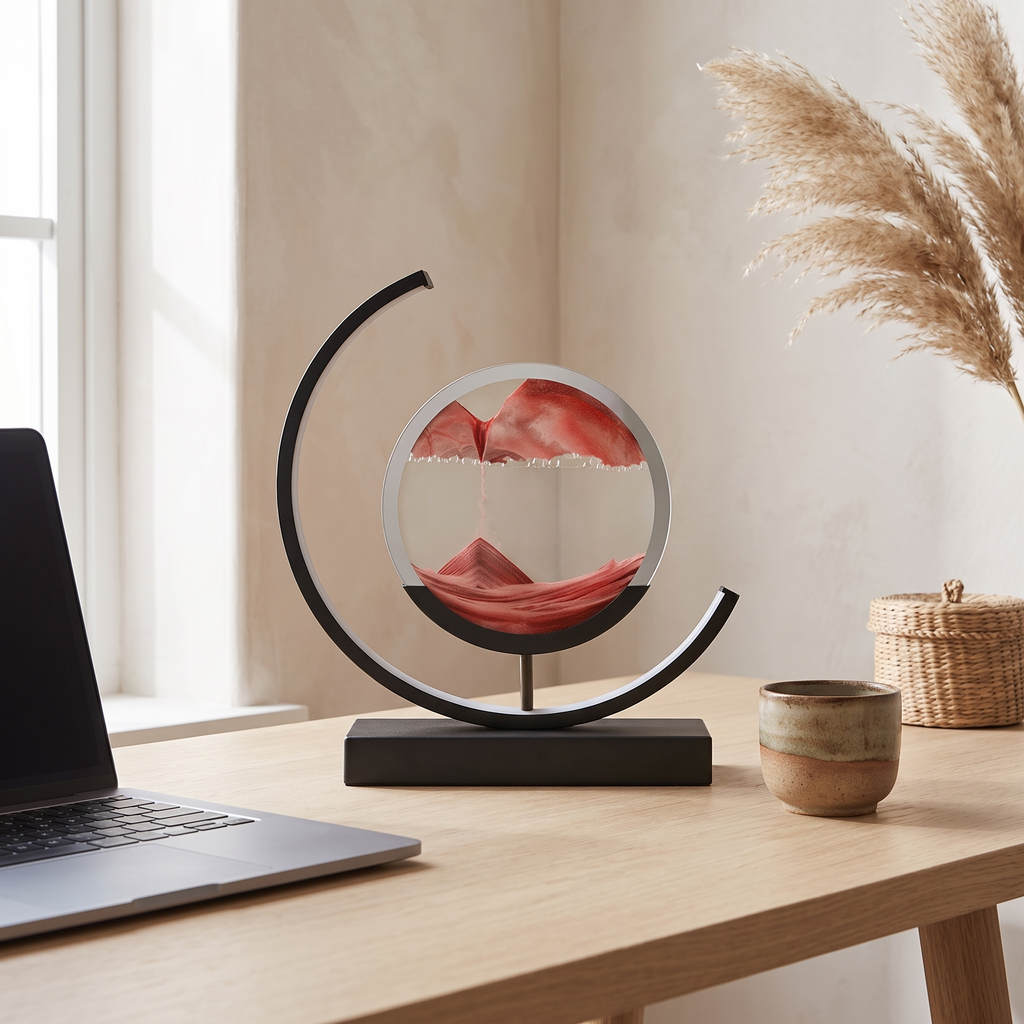 Dune sand lamp on a pale oak desk in daylight