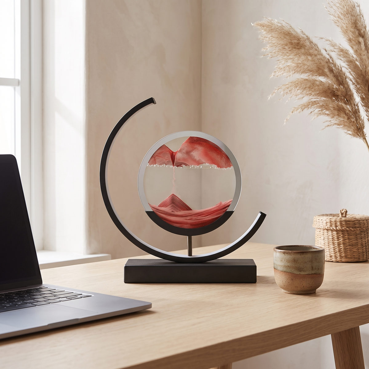 Dune sand lamp on a pale oak desk in daylight