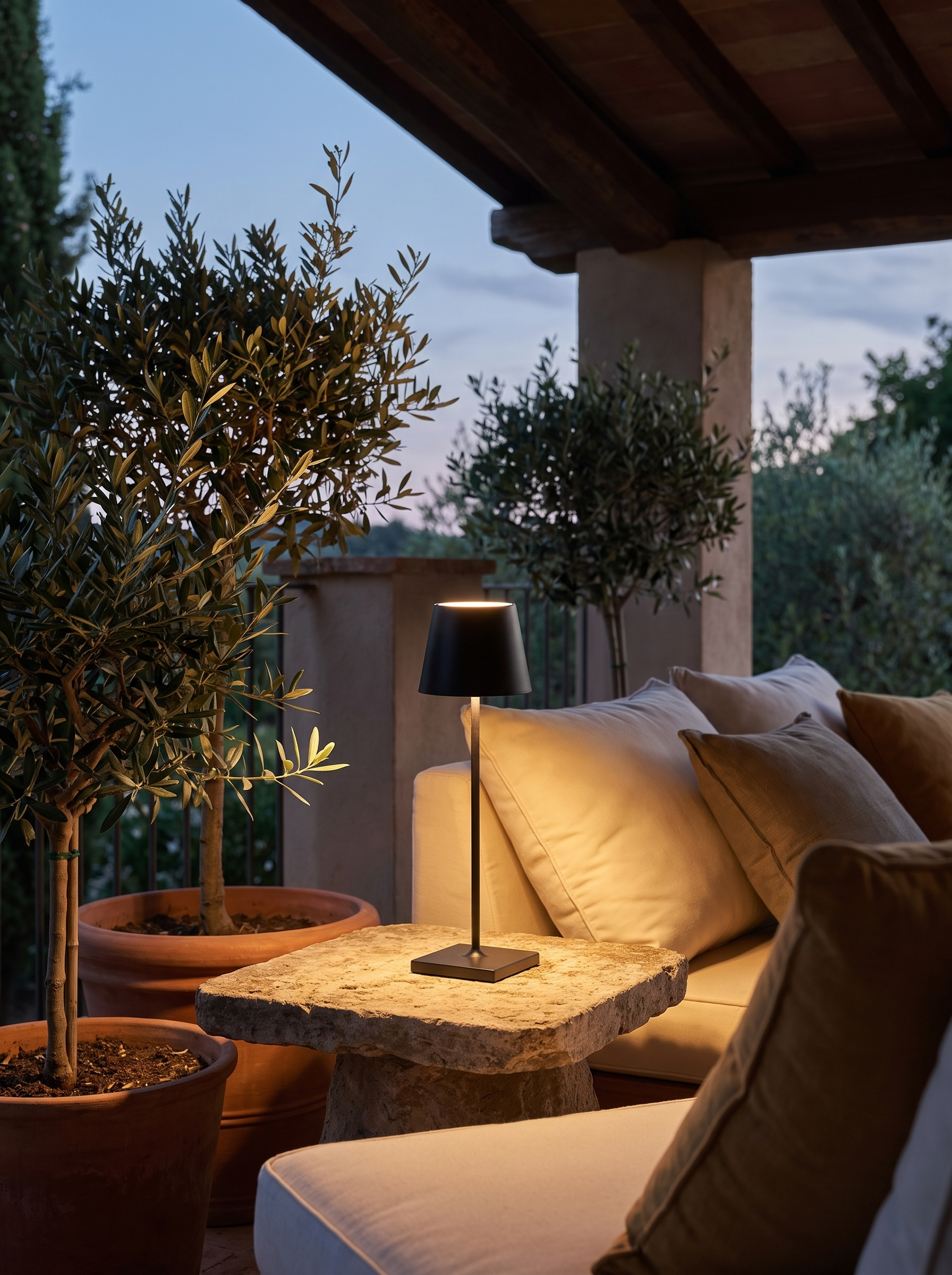 Doku cordless lamp on a terrace at dusk