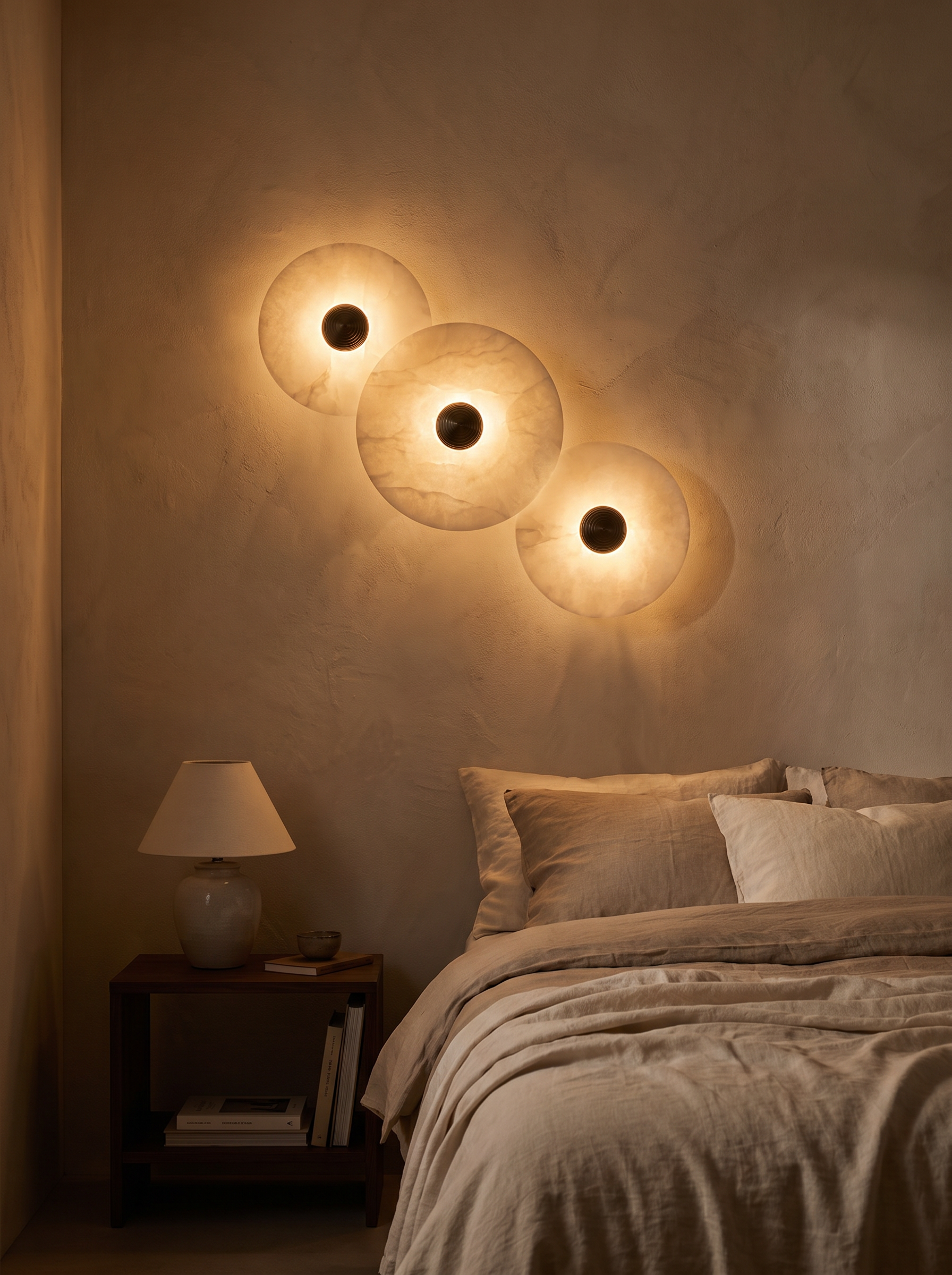 Lune alabaster wall light dimmed in a bedroom