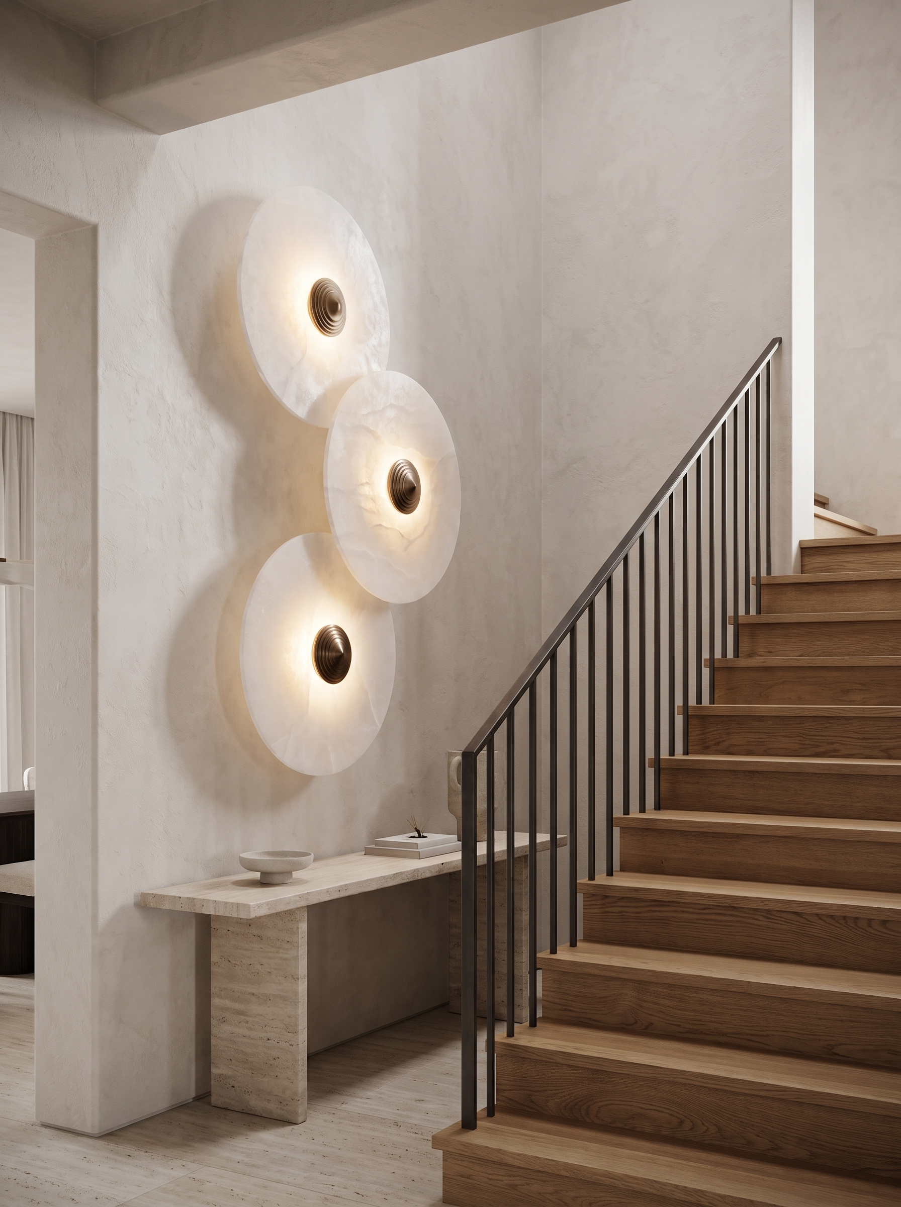 Lune alabaster wall light beside a staircase