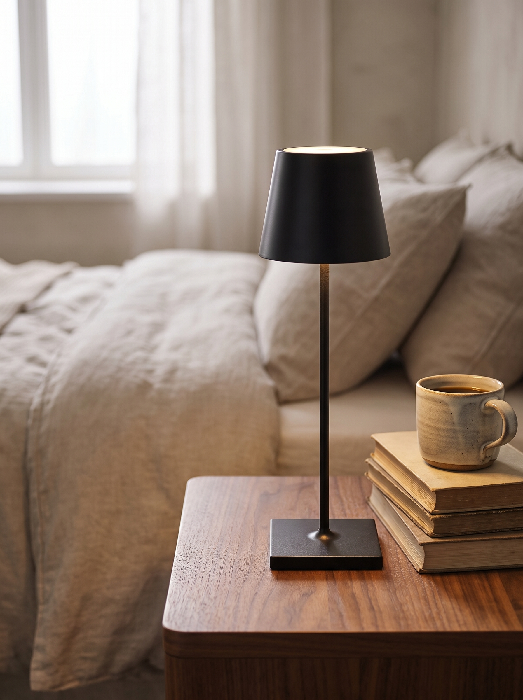 Doku cordless lamp on a bedside table