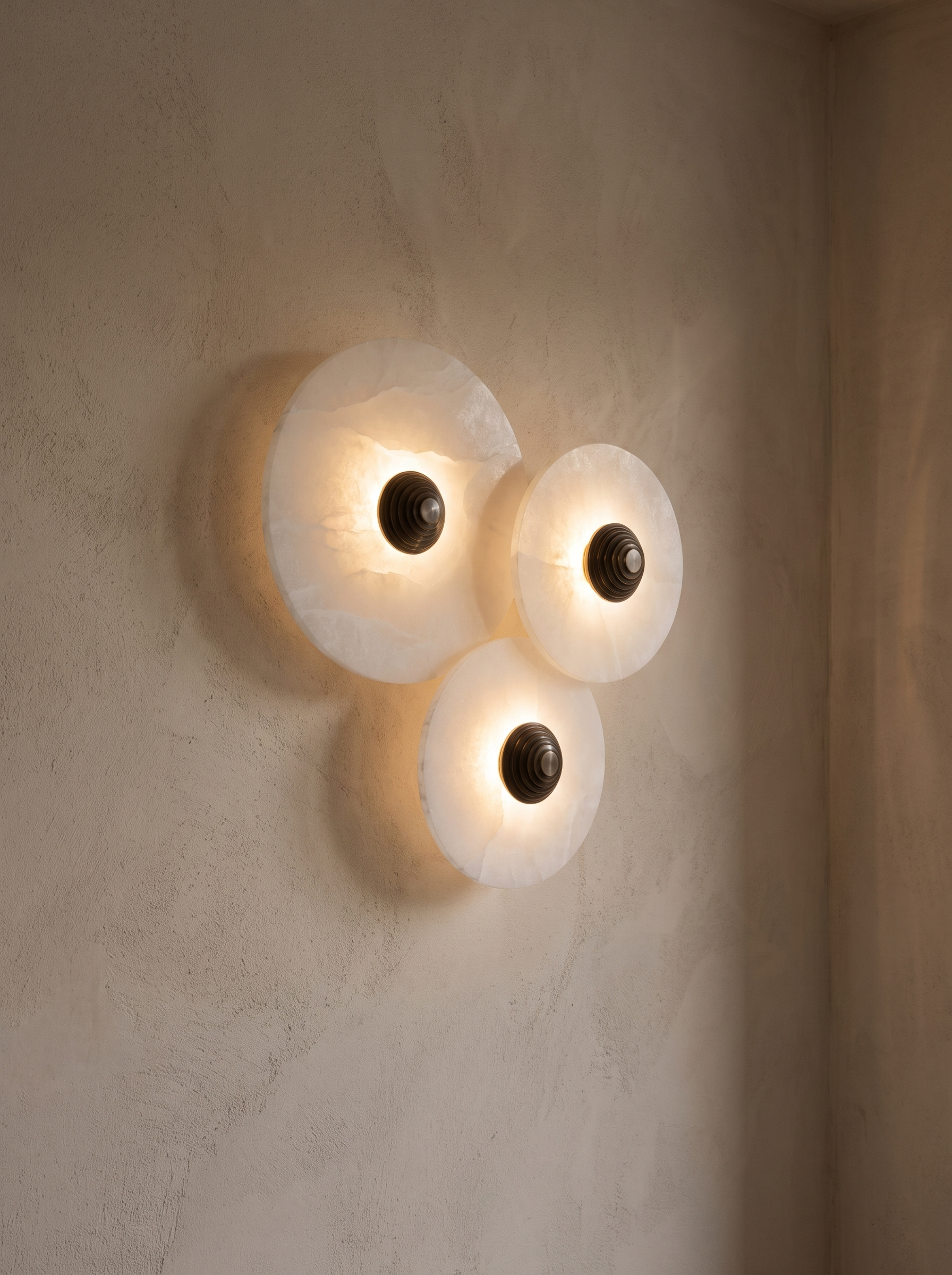 Lune alabaster wall light glowing on a plaster wall